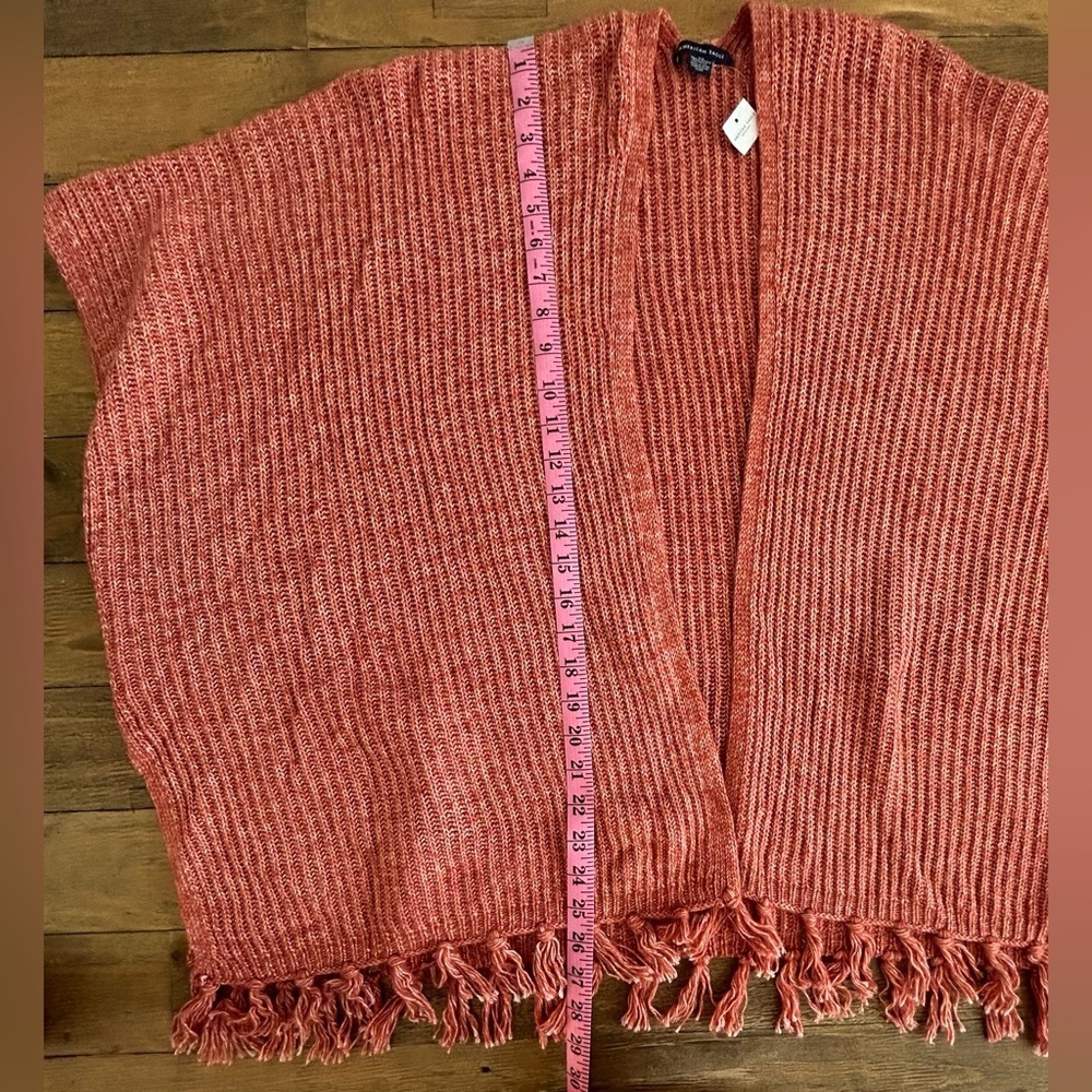 💖5 for $50💖American Eagle Rust Orange Knit Poncho Shawl Fringe Tassel Trim - Picture 7 of 8